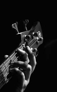 Preview wallpaper guitar, fingerboard, hand, bw, musical instrument