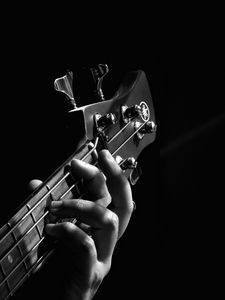 Preview wallpaper guitar, fingerboard, hand, bw, musical instrument