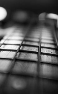 Preview wallpaper guitar, fretboard, strings, music, black and white