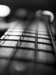 Preview wallpaper guitar, fretboard, strings, music, black and white