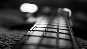 Preview wallpaper guitar, fretboard, strings, music, black and white