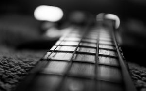 Preview wallpaper guitar, fretboard, strings, music, black and white