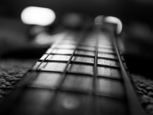 Preview wallpaper guitar, fretboard, strings, music, black and white