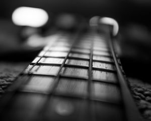 Preview wallpaper guitar, fretboard, strings, music, black and white