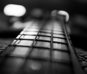 Preview wallpaper guitar, fretboard, strings, music, black and white