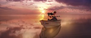 Preview wallpaper guitar, guitarist, boat, sea, sunset, horizon, musician