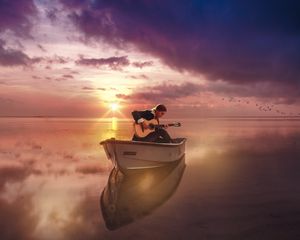 Preview wallpaper guitar, guitarist, boat, sea, sunset, horizon, musician