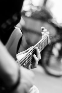 Preview wallpaper guitar, guitarist, bw, blur, musical instrument