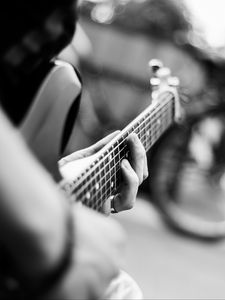 Preview wallpaper guitar, guitarist, bw, blur, musical instrument