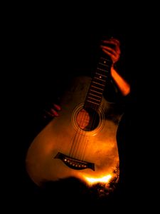 Preview wallpaper guitar, guitarist, hands, musical instrument, gold, dark