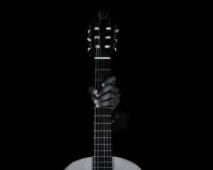 Preview wallpaper guitar, hand, bw, musical instrument, music