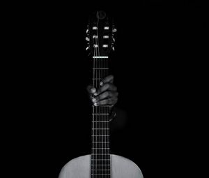 Preview wallpaper guitar, hand, bw, musical instrument, music