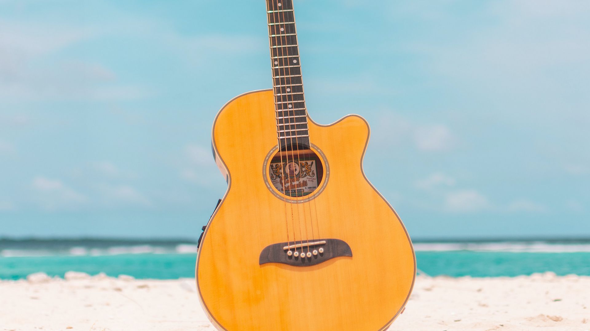 Download wallpaper 1920x1080 acoustic guitar, guitar, instrument, beach ...