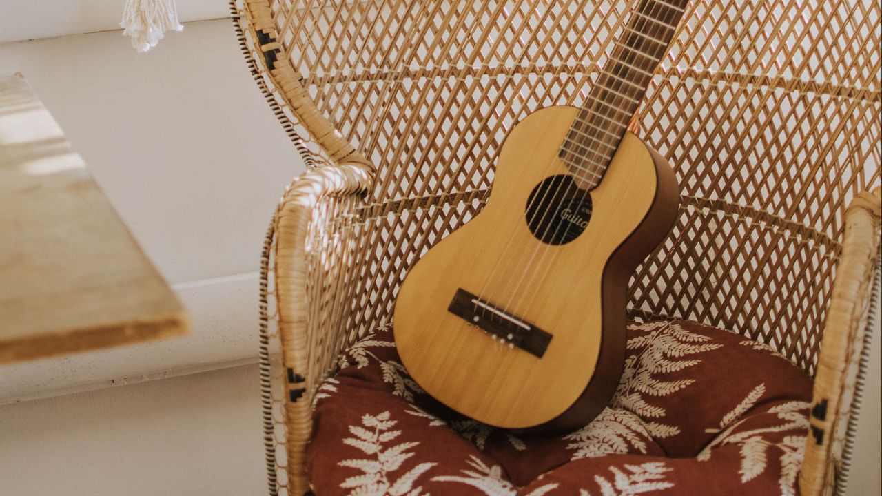 Wallpaper guitar, musical instrument, armchair, brown