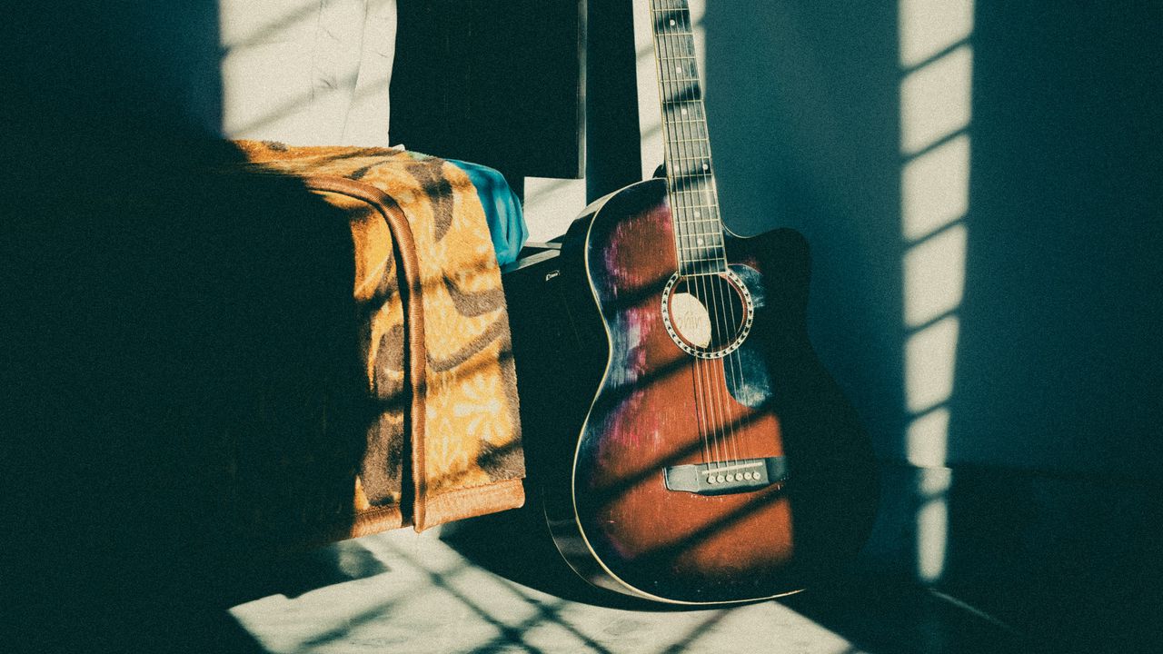 Wallpaper guitar, musical instrument, brown, dark, shadow