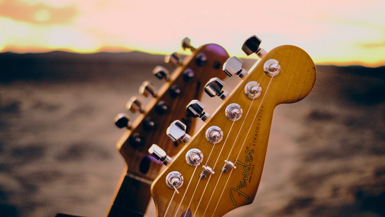 Wallpaper guitar, musical instrument, fretboard, tuning pegs, strings, sunset