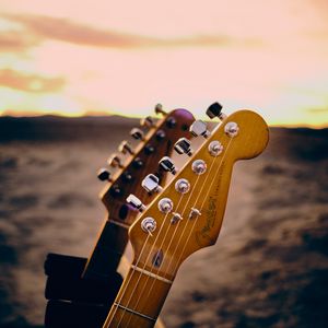 Preview wallpaper guitar, musical instrument, fretboard, tuning pegs, strings, sunset