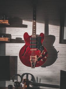 Preview wallpaper guitar, musical instrument, headphones, music