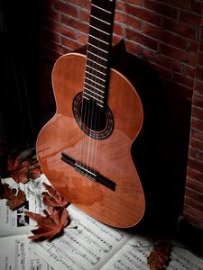 Preview wallpaper guitar, musical instrument, notebook, leaves, brown