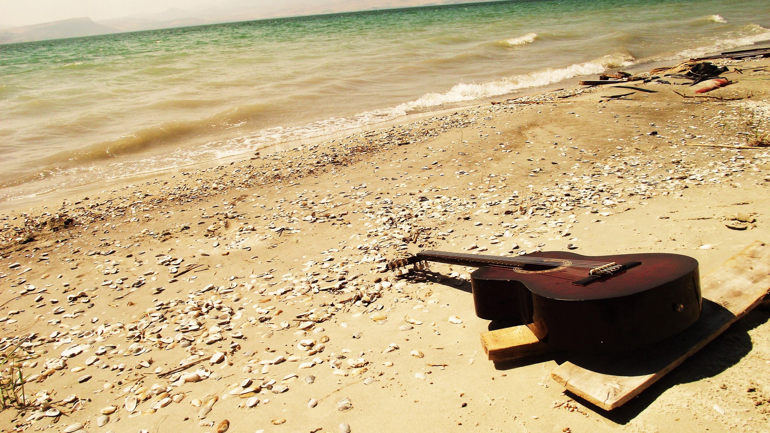 Download wallpaper 2560x1440 guitar, sea, beach, music widescreen 16:9