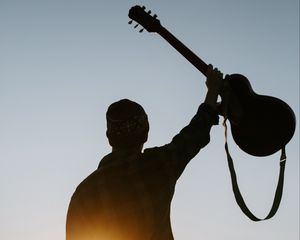 Preview wallpaper guitar, silhouette, sun, rays