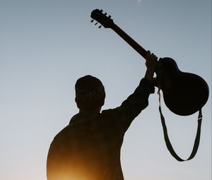Preview wallpaper guitar, silhouette, sun, rays