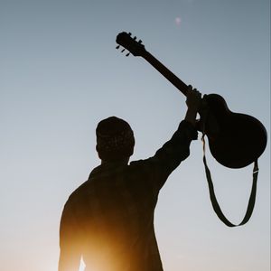 Preview wallpaper guitar, silhouette, sun, rays