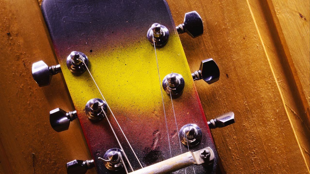 Wallpaper guitar, strings, fretboard, music, wood, purple, yellow