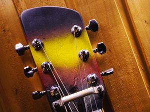 Preview wallpaper guitar, strings, fretboard, music, wood, purple, yellow