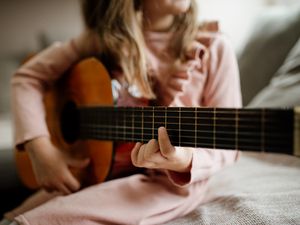 Preview wallpaper guitar, strings, girl, child, hand, music