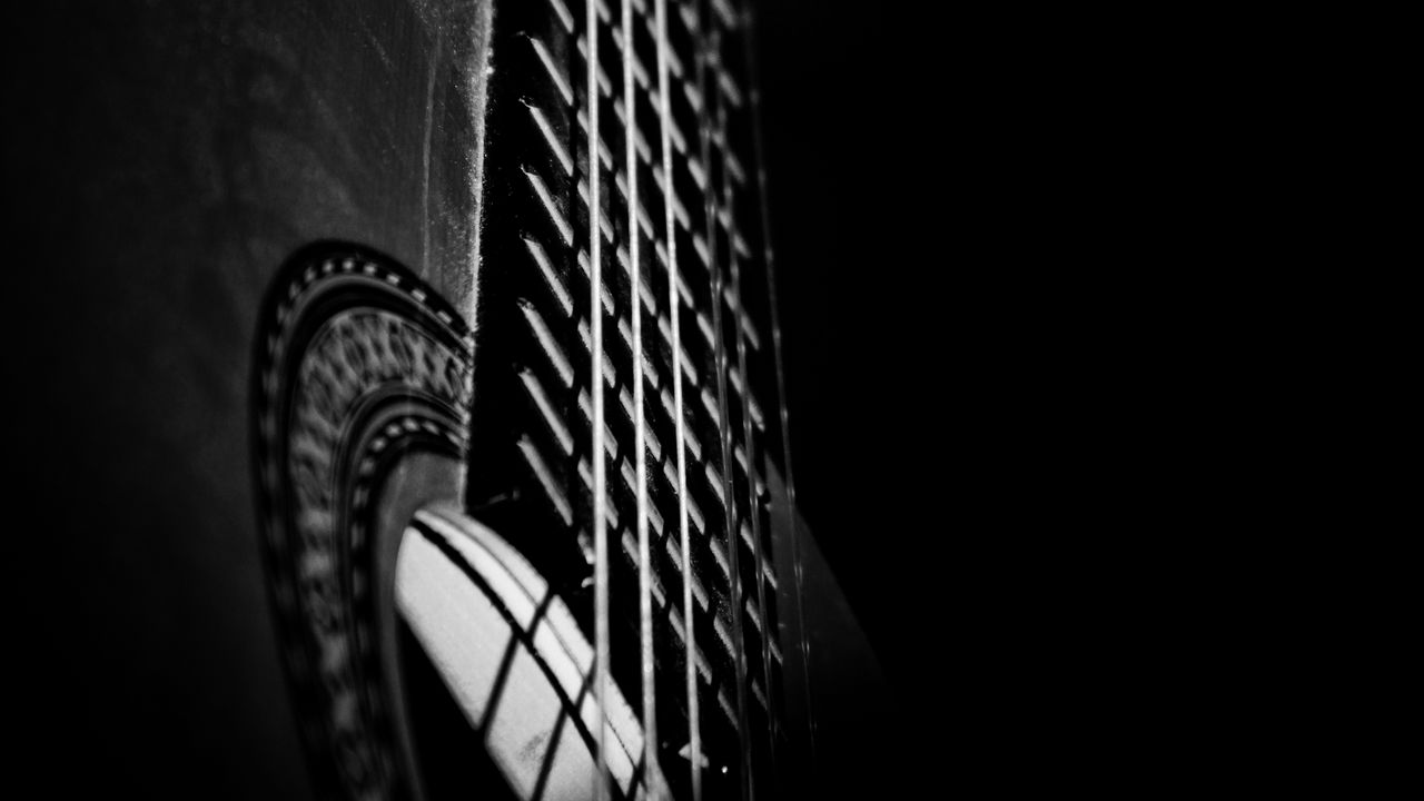 Wallpaper guitar, strings, hand, music, black and white