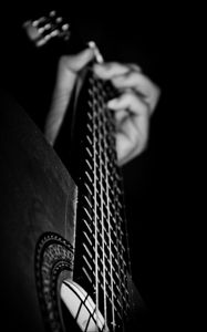 Preview wallpaper guitar, strings, hand, music, black and white