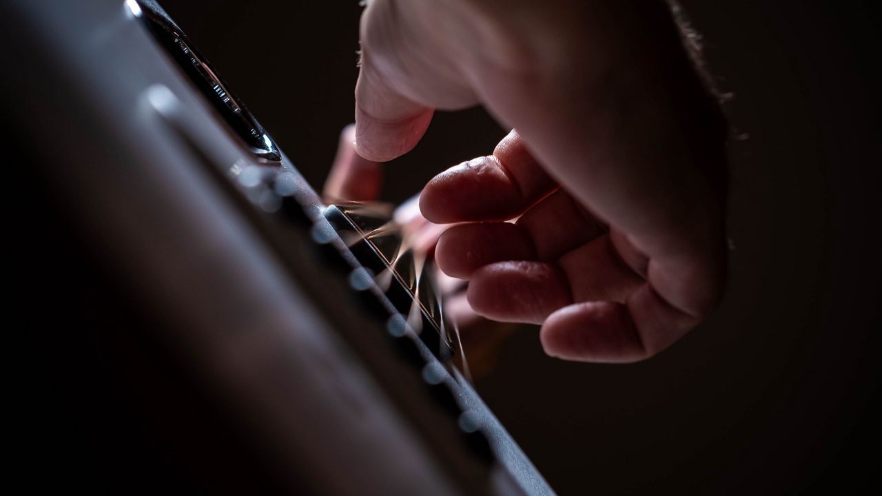 Wallpaper guitar, strings, hand, fingers, music, dark