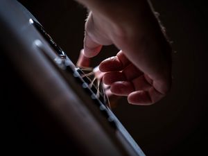 Preview wallpaper guitar, strings, hand, fingers, music, dark