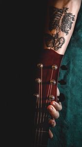 Preview wallpaper guitar, tattoo, hand, fingers, strings