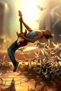 Preview wallpaper guitarist, guitar, birds, jump, art