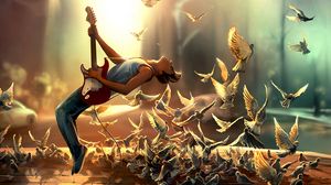 Preview wallpaper guitarist, guitar, birds, jump, art