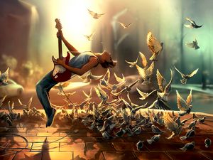 Preview wallpaper guitarist, guitar, birds, jump, art