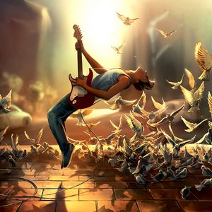 Preview wallpaper guitarist, guitar, birds, jump, art