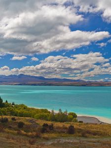 Preview wallpaper gulf, mountains, trees, water, clouds, sky