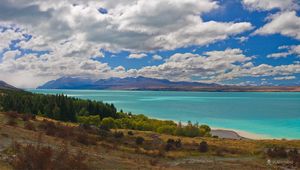 Preview wallpaper gulf, mountains, trees, water, clouds, sky