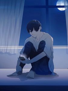 Preview wallpaper guy, alone, night, phone, anime, art