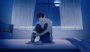 Preview wallpaper guy, alone, night, phone, anime, art