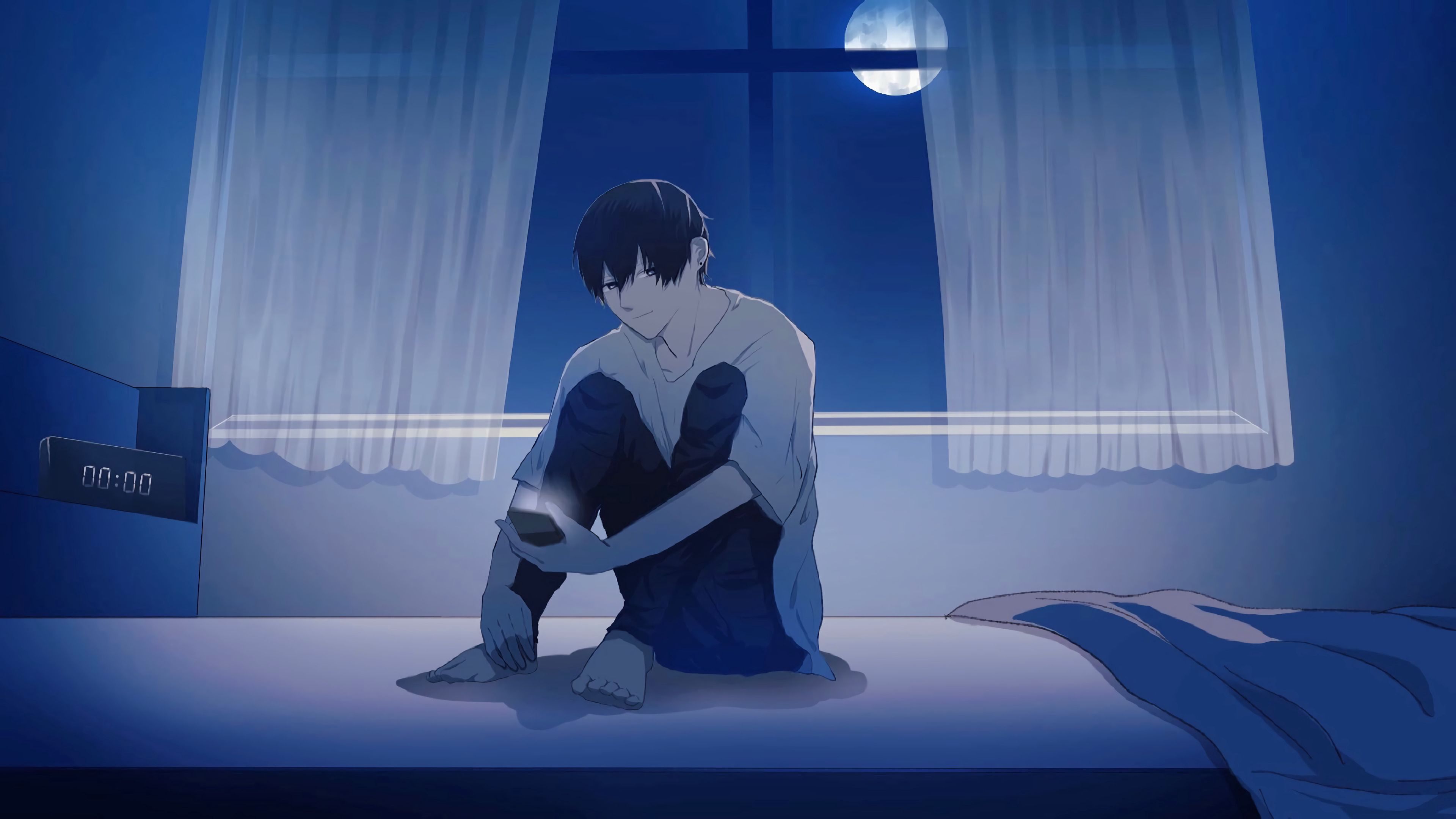 Download wallpaper 3840x2160 guy, alone, night, phone, anime, art hd