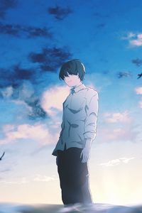 Preview wallpaper guy, alone, sad, water, anime