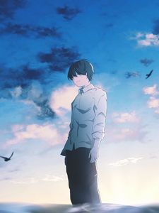 Preview wallpaper guy, alone, sad, water, anime