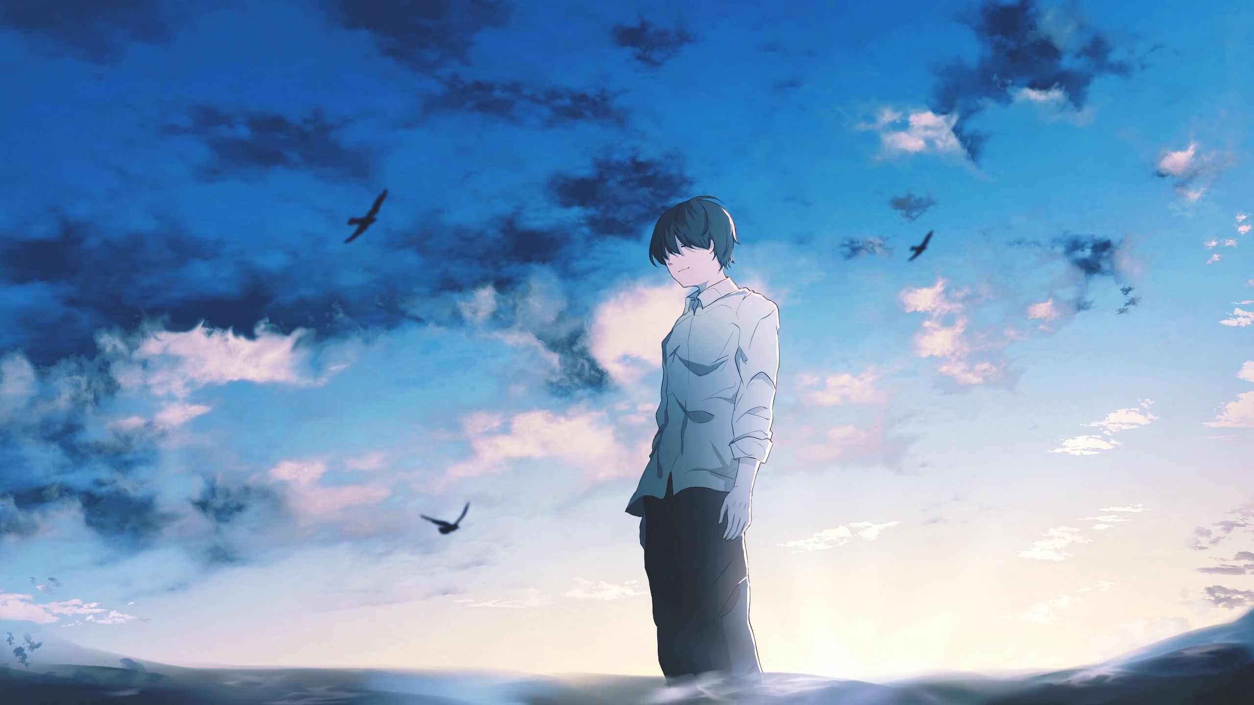 Download wallpaper 2560x1440 guy, alone, sad, water, anime widescreen 16:9  hd background