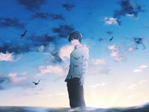 Preview wallpaper guy, alone, sad, water, anime