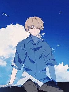 Preview wallpaper guy, alone, smile, clouds, anime