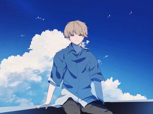 Preview wallpaper guy, alone, smile, clouds, anime